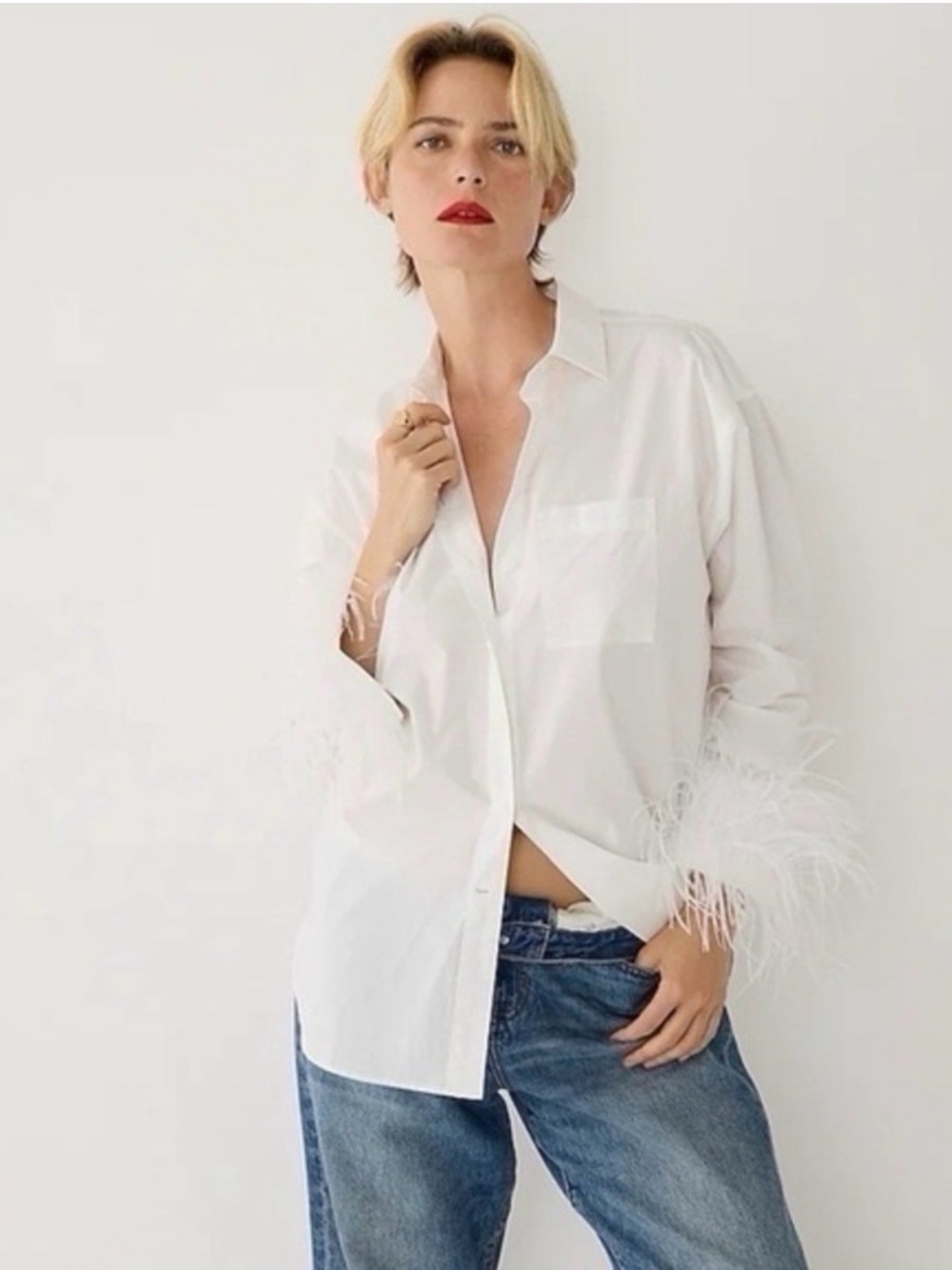J. Crew White Feather-Cuff Button Down Shirt